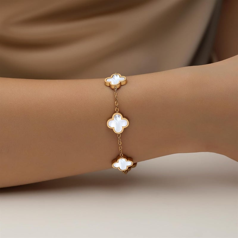 HAITTY 18K Gold Plated Clover Bracelet Set for Women White/Black/Gold/Silver/Green/Pink Adjustable Link Double-Sided Lucky Bracelets Trendy Bracelets Set Jewelry Gifts for Women Men - Image 2